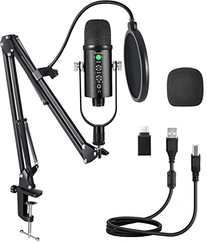 Aveek Microphone à Condensateur USB Enregistrement pour Ordinateur de Bureau et Ordinateur Portable Mac Windows Android Microphone Cardioïde pour Enregistrement Studio Conversation Youtube