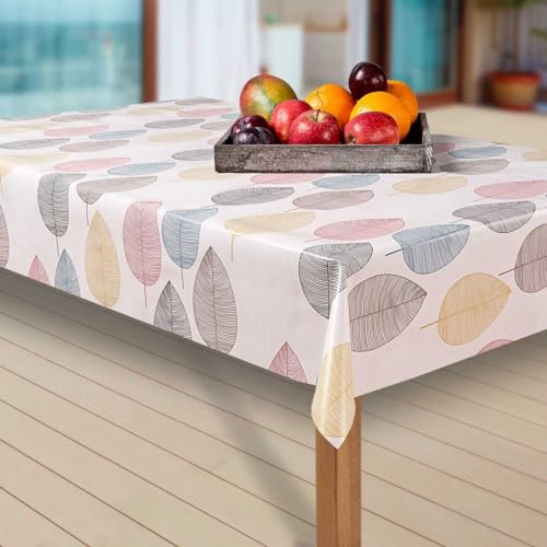 laro Wachstuch-Tischdecke Abwaschbar Garten-Tischdecke Wachstischdecke PVC Plastik-Tischdecken Eckig Meterware Wasserabweisend Abwischbar AP, Muster:Blätter. bunt/weiß, Größe:90x120 cm