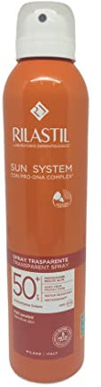 Rilastil Sun System Transparent Spray SPF 50+, Spray Corpo Trasparente, Previene Scottature, Macchie ed Eritemi, Resistente all'Acqua, Tutti i Tipi di Pelle, Azione Antiossidante e Lenitiva, 200ml
