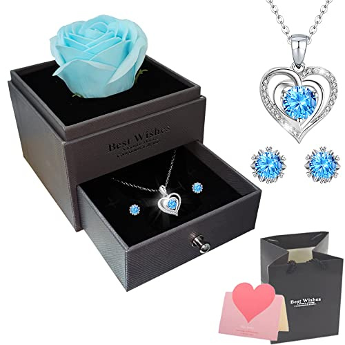 NEWUPZSI Boîte à Bijoux Rose Artificielle éternelle, Collier Coeur + Boucles d'oreilles + Carte de Voeux, pour Noël Idee Cadeau Anniversaire Saint Valentin Mariage Fete des Meres pour Femme Maman