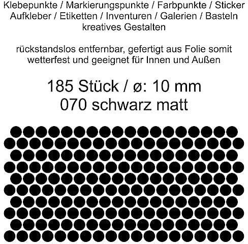 Aufkleber Etiketten Klebepunkte aus Folie 185 Stück schwarz matt rund 10 mm selbstklebend farbig wetterfest Decal Markierungen Organisieren DIY basteln verzieren Modellbau Scrapbooking