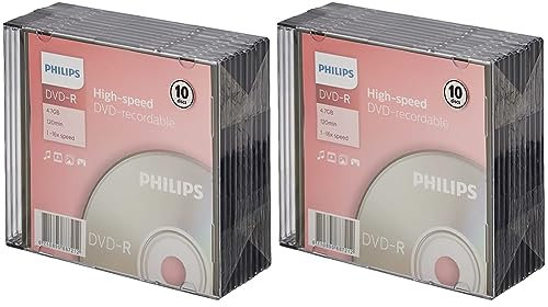 Philips DVD-R Rohlinge (4.7 GB Data/120 min. Video, 16x High-Speed-Aufnahme, 10er Slim Jewel Case) (Packung mit 2)