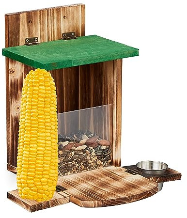 Relaxdays Casetta Mangiatoia per Scoiattoli, con Ciotola Acqua e Porta Pannocchia, Appendere 27x28x23 cm, Naturale Verde