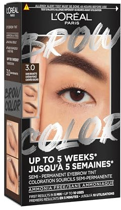 L'Oréal Paris Tinta per sopracciglia semi-permanente, dura fino a 5 settimane, risultati visibili in 5 minuti, fino a 10 usi, senza ammoniaca, colore sopracciglia, tonalità: 3.0 Dark Brunette