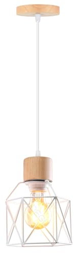 iDEGU Lampada a Sospensione Vintage E27 Plafoniera Industriale in Legno Metallo Gabbia Lampada da Soffitto Retrò Lampadario a Sospensione per Cameretta Cucina Salotto Sala da Pranzo (Bianco, Legno)