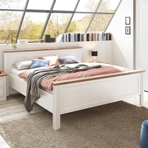 Lomadox Doppelbett Bett 180x200 cm Pinie weiß mit Eiche