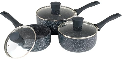 Russell Hobbs RH00847EU7 Nightfall Stone 3-Piece Saucepan Set – 16/18/20 cm Non-Stick Cooking Pots, Includes Tempered Glass Lids, Induction Suitable, Forged Aluminium, PFOA-Free, Soft-Touch Handles