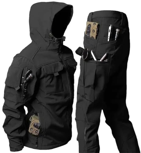 Adhdyuud Ensemble tactique pour homme en soft shell militaire avec multi-poches, vestes à capuche + pantalons cargo en molleton 2 pièces, Ensembles noirs, L