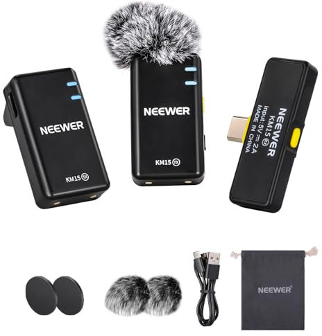 NEEWER Wireless Microphone Set, USB C Phone Lav Mic for iPhone 16 15 Pro Max iPad Android, Noise Cancelling Lapel Lavalier Microphone System, Video Recording Live Stream Podcast, KM15