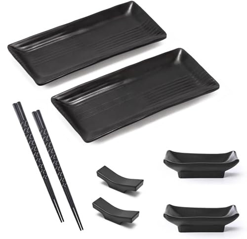 Juego de vajilla de sushi de 8 piezas, plato de sushi para 2 personas, pizarra con tazones para salsa, vajilla japonesa,banco de almacenamiento, tazones para salsa,platos de pizarra, 21 × 10 cm, negro