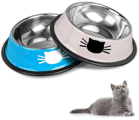 HTRTRR Set di ciotole per gatti antiscivolo in acciaio inox, ciotole per gatti per animali domestici (blu + grigio)