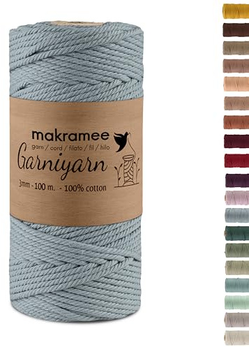 Garniyarn Makramégarn 3 mm x 100 m, Blågrå – 100% Bomull, 4-faldigt Twistat, Oeko-TEX Standard 100 – för Vägghängning, Växthängare och Gör-det-själv-hantverk