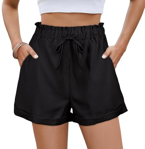 AYESY Pantalones Cortos Mujer,Pantalones Cortos de Verano para Mujer Poliéster Pantalón Corto Cintura Alta Femenino con Cordón Bolsillos Pantalón Deporte Femenino para Ocio Viajes Playa XL - Negro