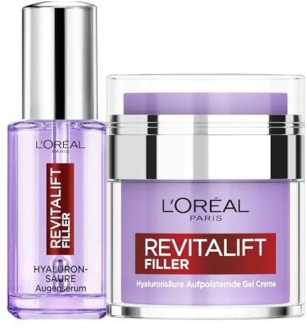 L'Oréal Paris Set: Revitalift Filler – Augenserum mit 2,5% Hyaluronsäure + Koffein, Anti-Aging Augenpflege, 20 ml und Revitalift Filler Gel-Creme mit Niacinamid, Glycerin und Ceramid, 50 ml.