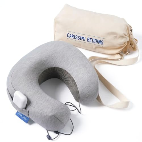 Carissimi Bedding Travel Neck Pillow with Bag – Compact Memory Foam Neck Pillow for Airplane, Car and Office – Ergonomic Design for Travel Comfort and Shoulder & Neck Support