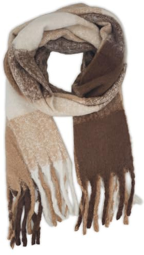 styleBREAKER Damen Webschal mit Karo Muster | Langer Schal mit dicken, langen Fransen | weicher Winter Strickschal warmes Material Stola, Farbe:Braun-Hellbraun-Creme