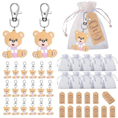 PYEUIFT Portachiavi Orsetto, 20 Pezzi Rosa, Sacchetti Di Organza, Bigliettini Di Ringraziamento, Bomboniere Battesimo Bimba, Regali Baby Shower, Für Battesimo Bimba Annuncio Sesso Festa Di Compleanno