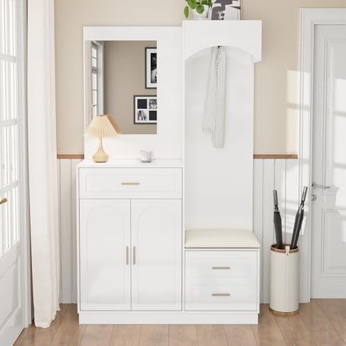 Merax Ensemble garde-robe compact moderne avec miroir, armoire à chaussures, banc, tiroir et crochets, étagère de rangement multifonction pour entrée, blanc, 110 x 33 x 185,5 cm