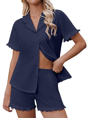 Ekouaer Womens Pyjamas Set Short Sleeve Pjs Button Down Sleepwear Summer Soft Nightwear with Pockets XS-XXL