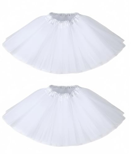 2 Pcs Women's Tulle Tutu Skirts for Adults, 3-Layer Fluffy White Tutu Skirt Set, Classic 80s Fancy Dress Costume for Women, Elastic Waist Petticoat for Dancing, Cosplay & Dress-up Parties (2, White)