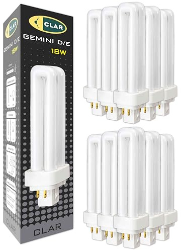 CLAR - Bombilla Fluorescente Gemini D/E 18W 6500K G24q-2 Luz Blanca Fría CFL Profesional Tubo Compacto Alto Flujo 4 Pines Reemplazo Iluminación Técnica Cocina Oficina Taller Precisa