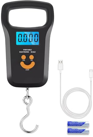 Luggage Scale, 110 lb/50kg Digital Suitcase Weighing Scale, Backlit LCD Display, Dual Power (Battery/Rechargeable) incl. 2 Batteries & Charging Cable, Portable Scales with Hook for Travel Suitcase