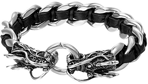 OIDEA Bracciale Braccialetto Uomo Bracciale Pelle Acciaio Inox Collegamento Doppia Testa di Drago Nero Argento