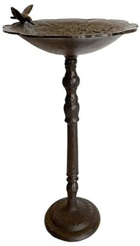 L'Héritier Du Temps Grand Bain Oiseau sur Pied en Fonte Bénitier à Poser Mangeoire Abreuvoir à Volatiles Patine Marron 36x36x75cm