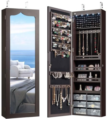 CHARMAID Jewelry Cabinet Armoire, Wall Mount Door Hanging, Lockable Jewelry Organizer with 47.5'' Full Length Mirror, 5 Lights, Large Jewelry Storage Box with 6 Acrylic Drawers (Brown)