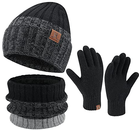 ZASFOU Berretto invernale da uomo lavorato a maglia sciarpa tubolare foderati in pile guanti invernali touchscreen set, regalo di Natale per uomini