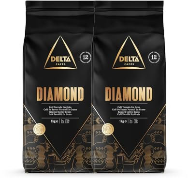 Delta Cafés - Café en Grano Diamond - 2 Paquetes de 1 Kg - Intensidad 12 - Mezcla de Granos de Café Tostados Arábica y Robusta - Altamente Aromático con Notas de Maíz y Cacao.