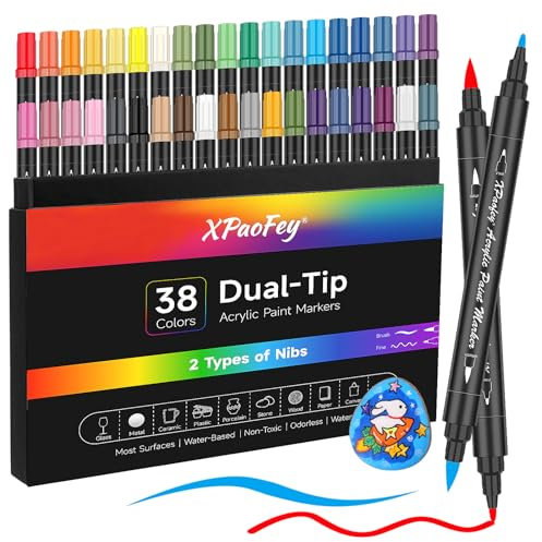 Vivid Acrylstifte, 38 Acrylstifte mit Doppelspitze für Steine Wasserfest, Glas, Keramik, Holz, Kunststoff, Kalligraphie, Kartenherstellung, Permanent Paint Pens Markers Set mit 2mm feiner Spitze