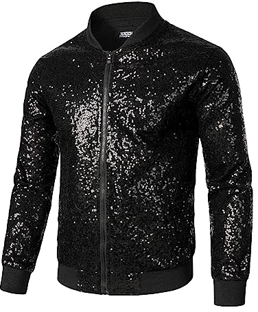 Jogal Veste en paillettes métalliques pour homme - Veste baseball bomber des années 70 pour disco, soirée costumée et club de nuit, Noir , L