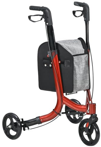 HOMCOM Déambulateur 3 roues pliable, déambulateur pour personnes âgées, double frein, hauteut réglable, structure en aluminium, panier de rangement, léger et résistant, rouge