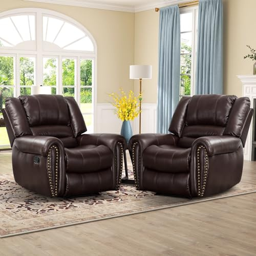 CANMOV Leather Recliner Chair Set of 2, Classic and Traditional Manual Recliner Chair with Comfortable Arms and Back,Manual Single Recliner Sofa for Living Room, Brown