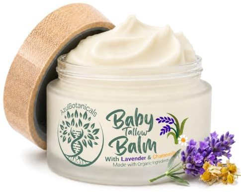 Babytalg balsam med lavendelblad och kamomillextrakt, gräsmatat/färdig talg, med ekologiska ingredienser för känslig hud (50 g)