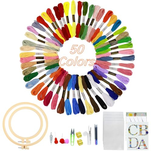 xiruiubao Broderie Kit, Kit Broderie Debutant, Kit de Broderie, avec 50 Couleurs Fil à Broder, 2 Cercles à Broder, Outils de Point de Croix, 4 Feuilles de Papier Transfert, kit de démarrage broderie