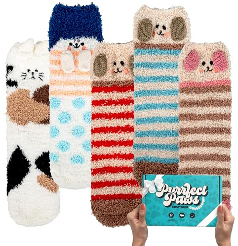 Cozy Toes 5 Pairs Warm Fluffy Cat Socks For Womens 4-7 With a Gift Package - Girls Fluffy Socks With Cute Pattern | Perfect Stocking Fillers For Teenage Girls | Cat Christmas Gifts For Women
