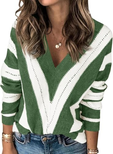 Fisoew Femme Pull en tricot Oversized Col en V Pull tricoté à rayures Manches longues Découpé Pull Sweat, vert, L