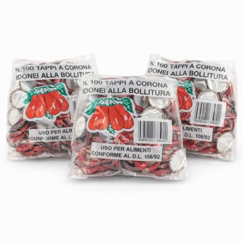 Chianese 300 PZ - Tappi a Corona per Conserve idonei alla Bollitura, Rosso 26 mm, Uso Alimentare per Passata di Pomodoro, (3 Confezioni da 100)