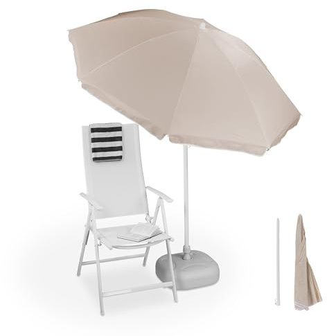 Relaxdays Sonnenschirm, Ø 180 cm, höhenverstellbar, kippbar, Balkonschirm, rund, Polyester, Stahl, Strandschirm, beige