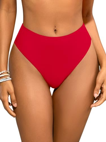 SHEKINI Women High Waisted Bikini Bottoms Tummy Control High Cut Swim Thong