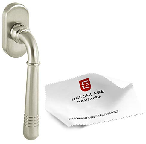 Beschläge Hamburg: Fenstergriff Emily 07 — Dreh-Kipp Fenster-Beschlag mit 45° Raster — Art deco Fenster-Garnitur — Fensterhebel mit Riefen in Matt vernickelt