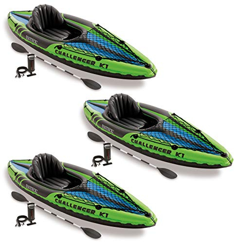 Intex Challenger K1 1 Person Inflatable Sporty Kayak with a 86 Inch Long Aluminum Oar and Hand Pump for Lakes and Mild Rivers, (3 Pack)