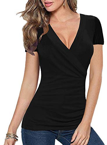 Afibi Women's Deep V Neck Short Sleeve Unique Slim Fit Cross Wrap Shirts Blouse Tops (Large, Black)