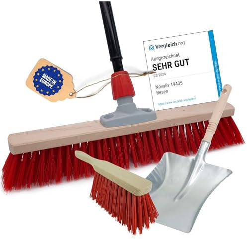 Novaliv Straßenbesen Set 80 cm I Besen Kehrschaufel und Handfeger Teleskopstiel I Elaston rot I mit Stiel ausziehbar I Industriebesen Kehrbesen Gartenbesen Hofbesen