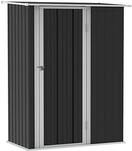 Outsunny Metall Gerätehaus 1,07 m² 142 x 84 x 189 cm Geräteschuppen mit Pultdach Abschließbarer Tür, wetterfest Gartenhaus Outdoor Garten Schuppen für Hinterhof Außenbereich Dunkelgrau