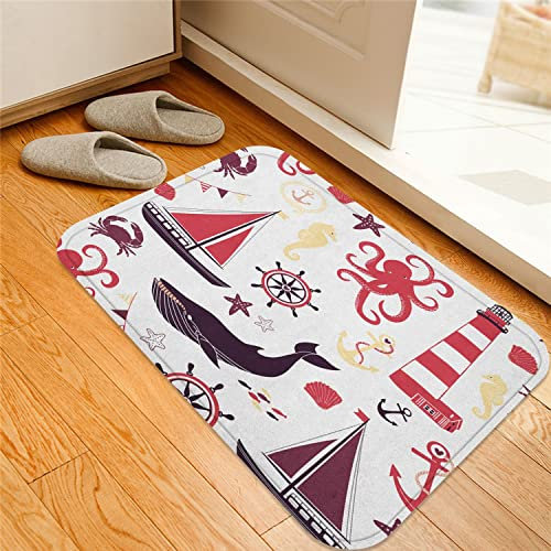 Badematte rutschfest Teppich,Nautische pastellfarbene Zusammensetzung aus Leuchtturm-Segelboot-Fischschalen Oktopus, dunkler Koralle und Pflaume,Badezimmer Set Matte Rutschfest WC-Vorleger 40 x 60 cm