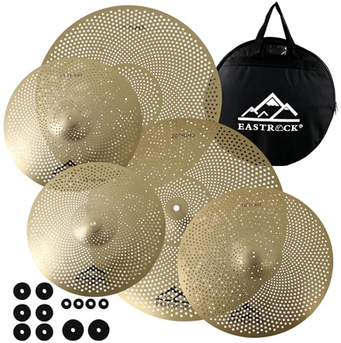 EASTROCK Juego de Platillos de Bajo Volumen, Juego de Platillos con Bolsa de Platillos Fieltros 14'Hi-Hat+16Crash+18'Crash+20Ride 5 Piezas Drummer Practice Platillo (Dorado)