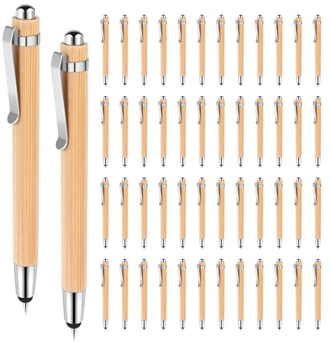 NIZEAMI Kugelschreiber Set, 50 Stück Bambus Kugelschreiber Schreibgerät mit Touchpen 2 in 1 Kapazitive Stylus Stifte für Universelle Touchscreen Geräte, Schwarze Tinte